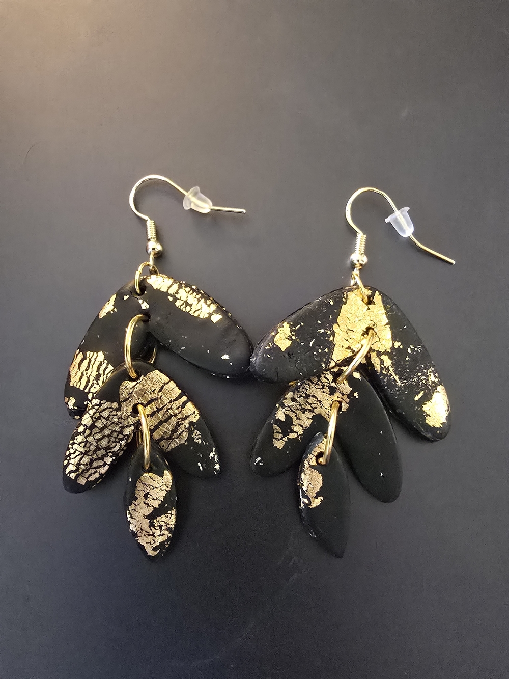 Black & Gold Leaf Polymer Dangle Earrings